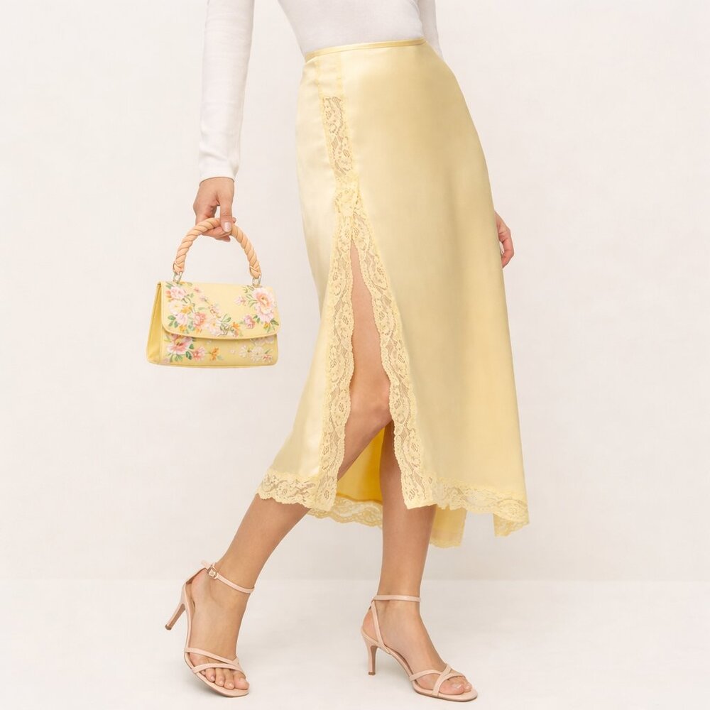 Reformation Stacia Satin Lace Trim Slip Skirt Butter Yellow Romantic Midi NWT